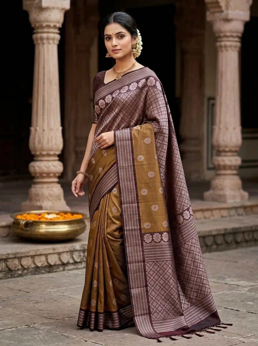 Lavender Grey & Mustard Gold Saree